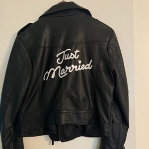 David’s Bridal vegan leather jacket embroidered “just married”